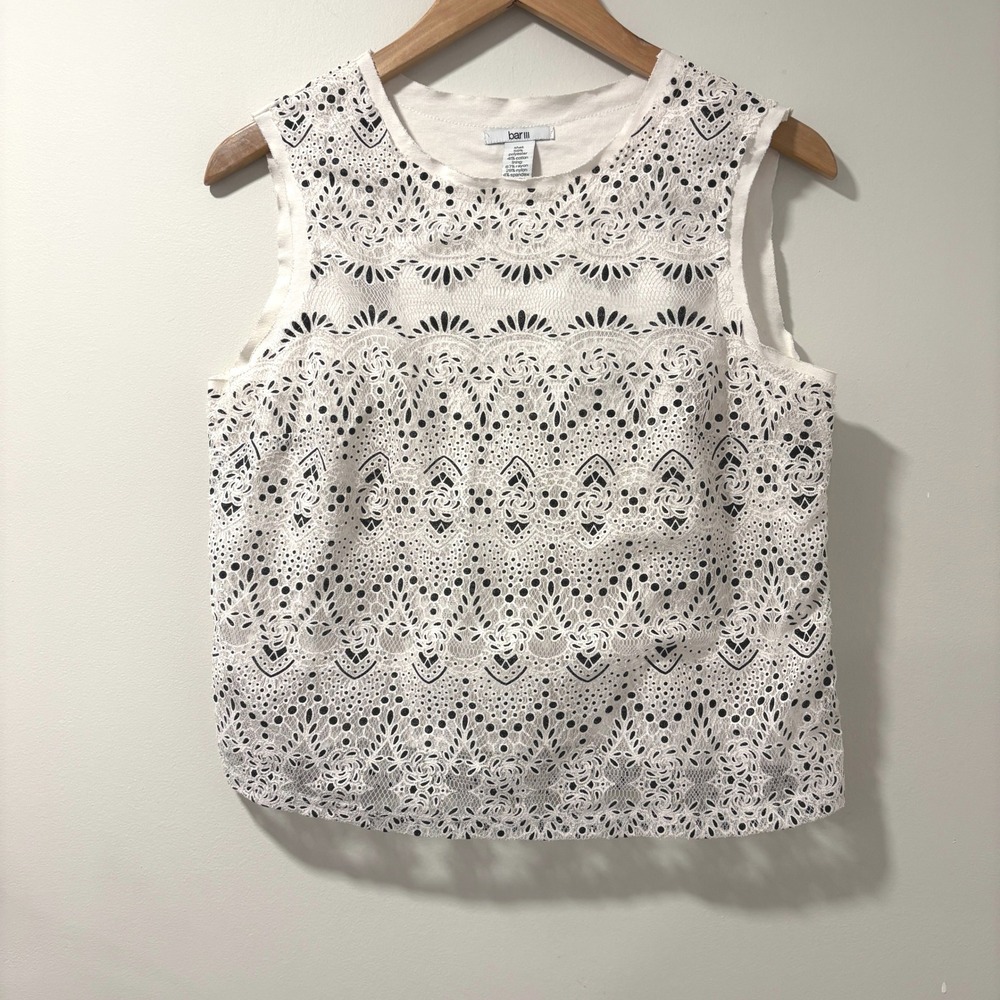 Bar III Lace‎ Tank Top XL White Black Sleeveless Lined Boho Cottagecore Chic